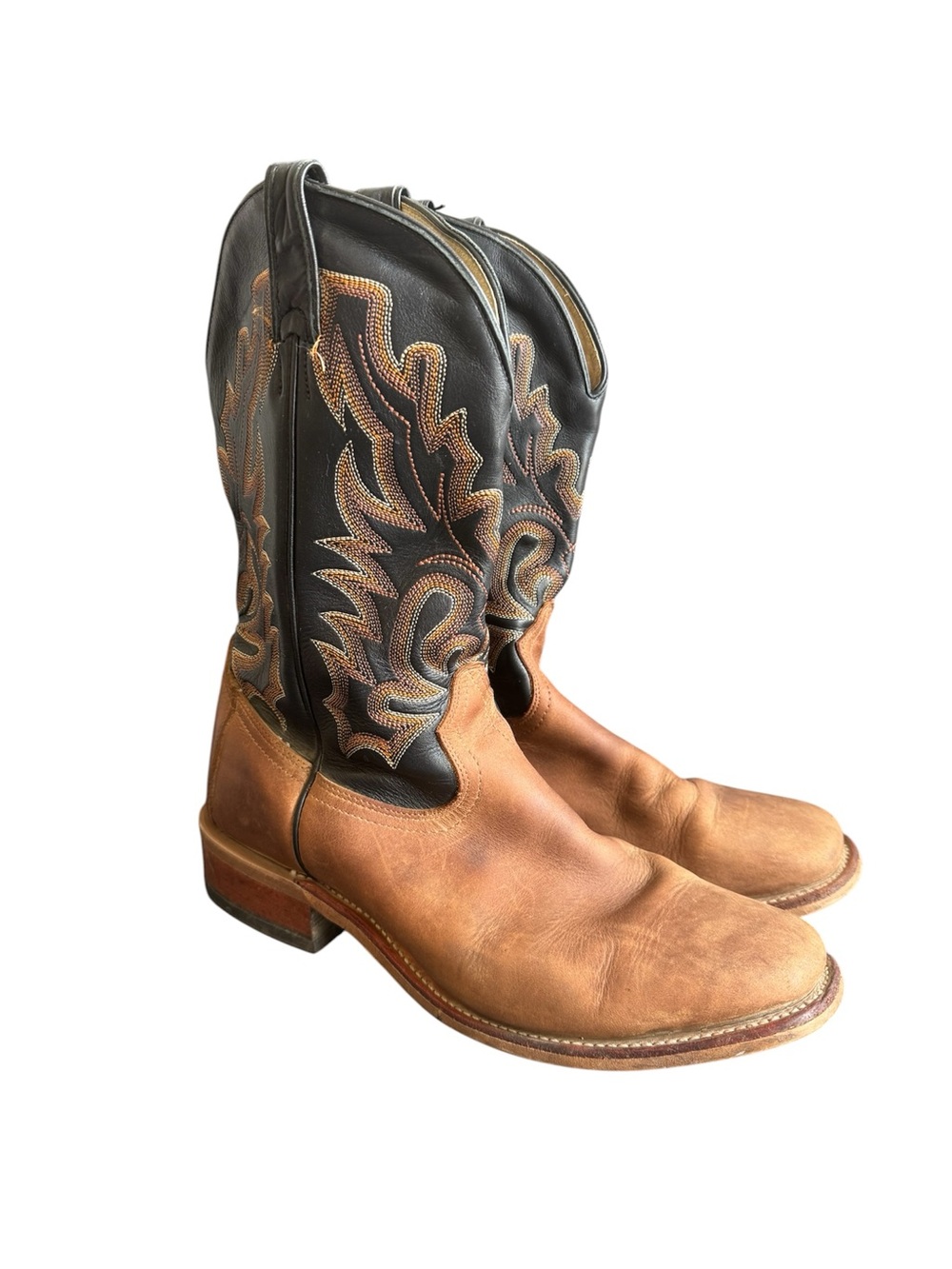 Boulet Cowboy Boots Western Black Brown Leather Square Toe Distressed Mens 9 E